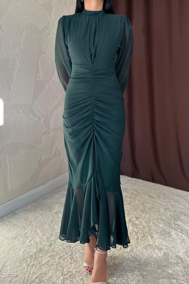 Zümrüt Önü Büzgülü Şifon Elbise