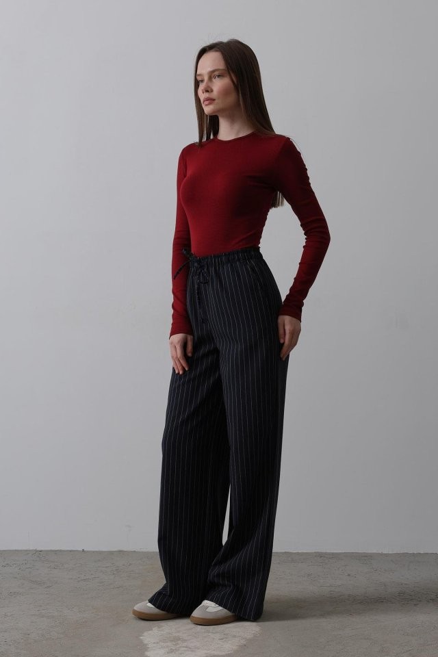 Beli Lastikli Bol Paça Pantolon - Lacivert-Beyaz