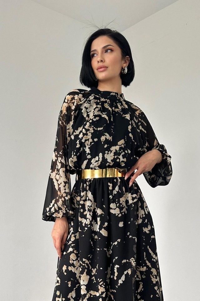 Siyah Reglan Kol Baskılı Elbise