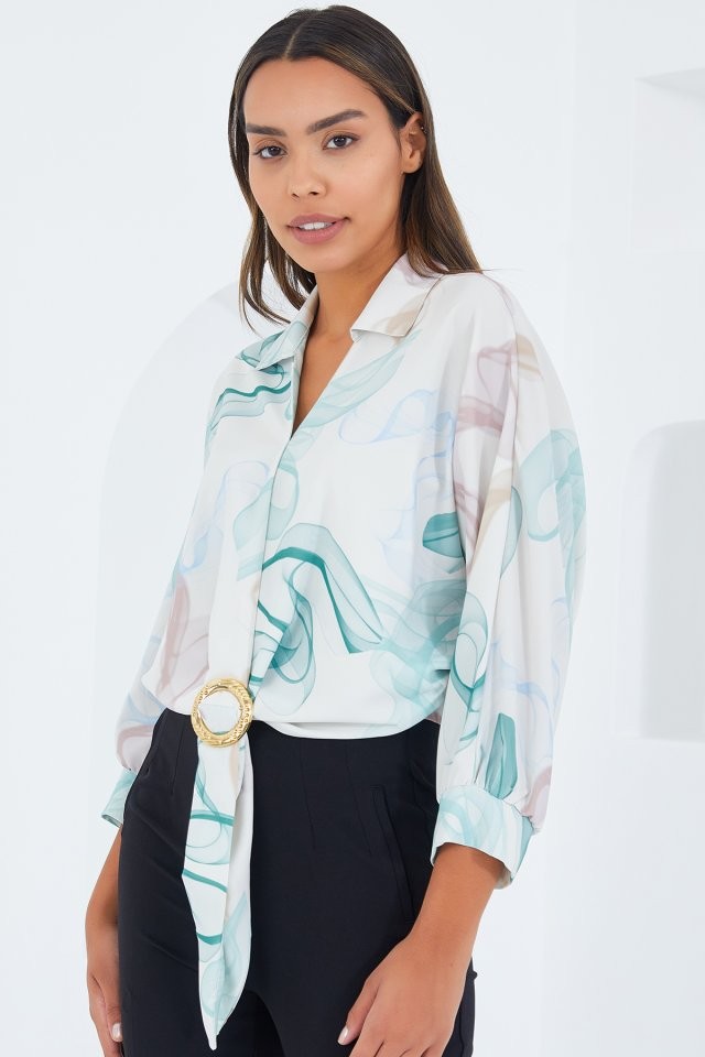Oversize Dökümlü Crop Saten Gömlek 906 - Mint