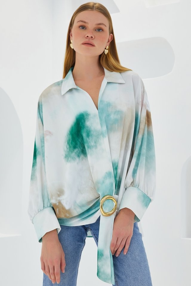 Yeşil Ekru Oversize Dökümlü Saten Gömlek 907