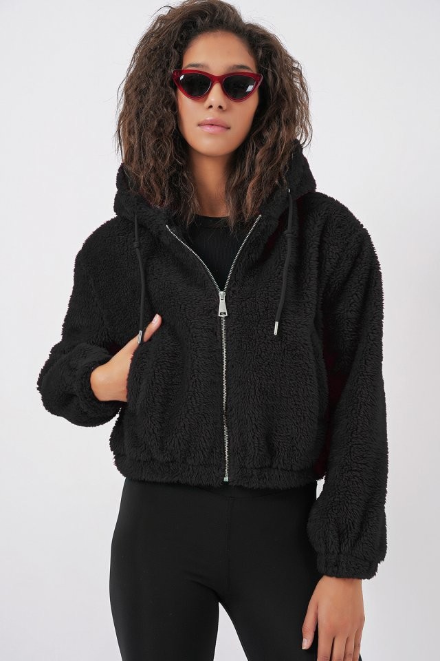 5193 Kapüşonlu Peluş Crop Ceket - Siyah