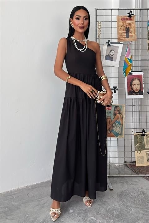 Tek Omuzlu Pile Detay Maxi Elbise 2895