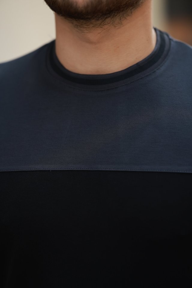 Erkek Bisiklet Yaka Parçalı Renk  Kısa Kollu Tshirt