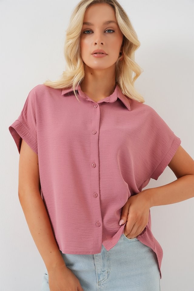 Oversize Kısa Kol Gömlek 20322 - Pembe