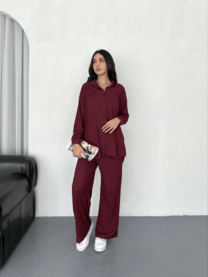 Yakalı Düğmeli Uzun Kollu Gömlek Pantolon Ikili Takım - Bordo