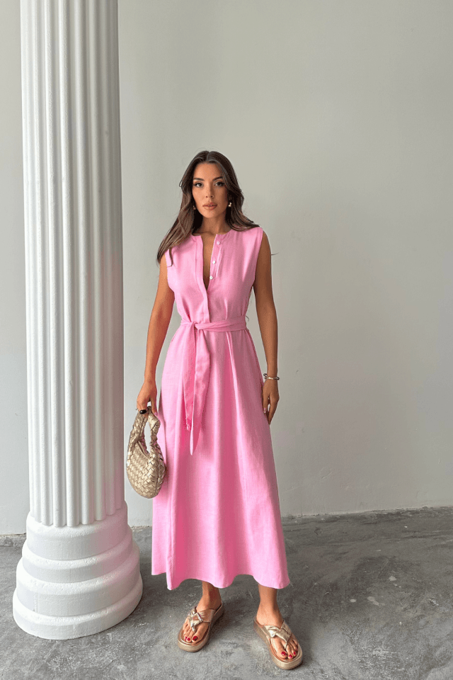 KETEN ELBİSE KOLSUZ BEL BAĞLAMALI MAXİ ELBİSE - Pembe