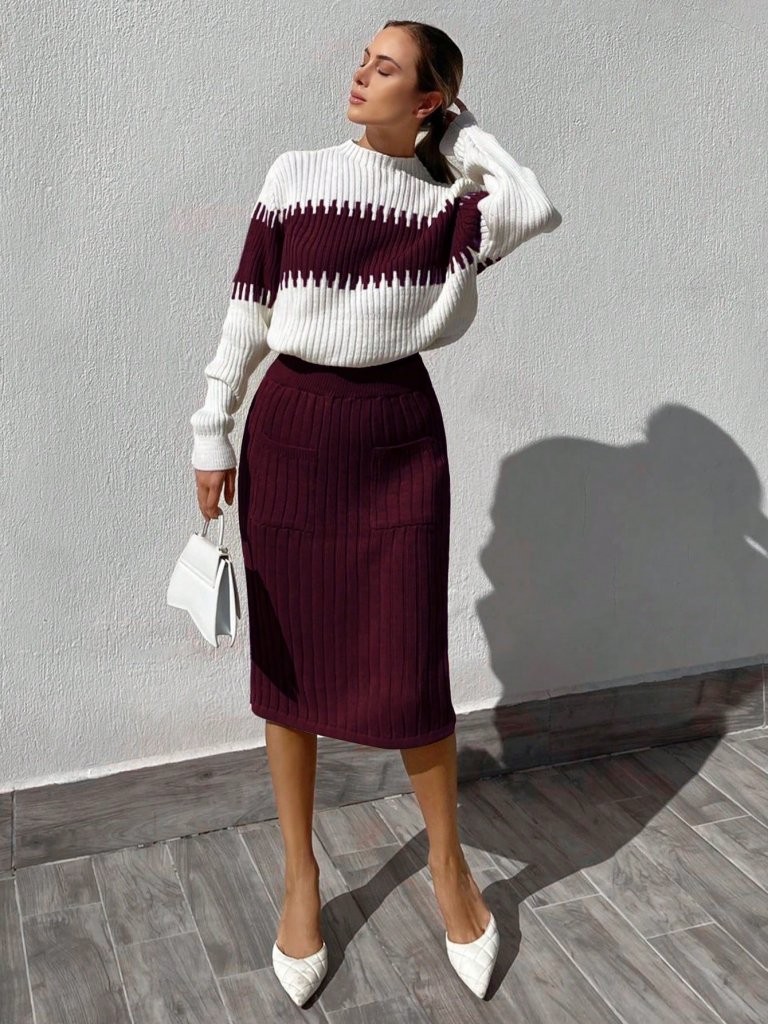 Kadın Uzun Kollu Triko Etekli Takım