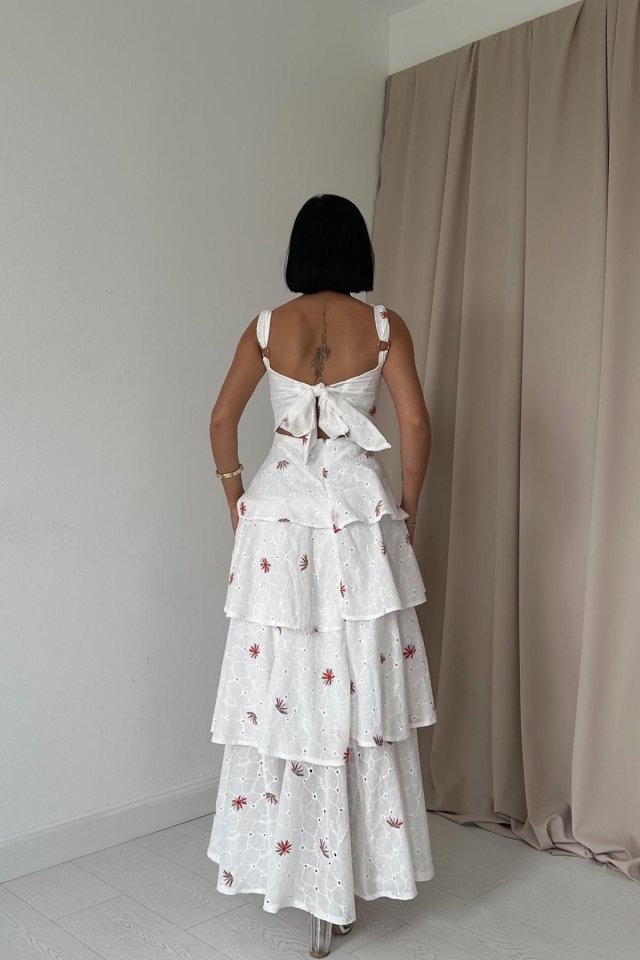 Kırmızı Kat Kat Arkası Bağlamalı Elbise