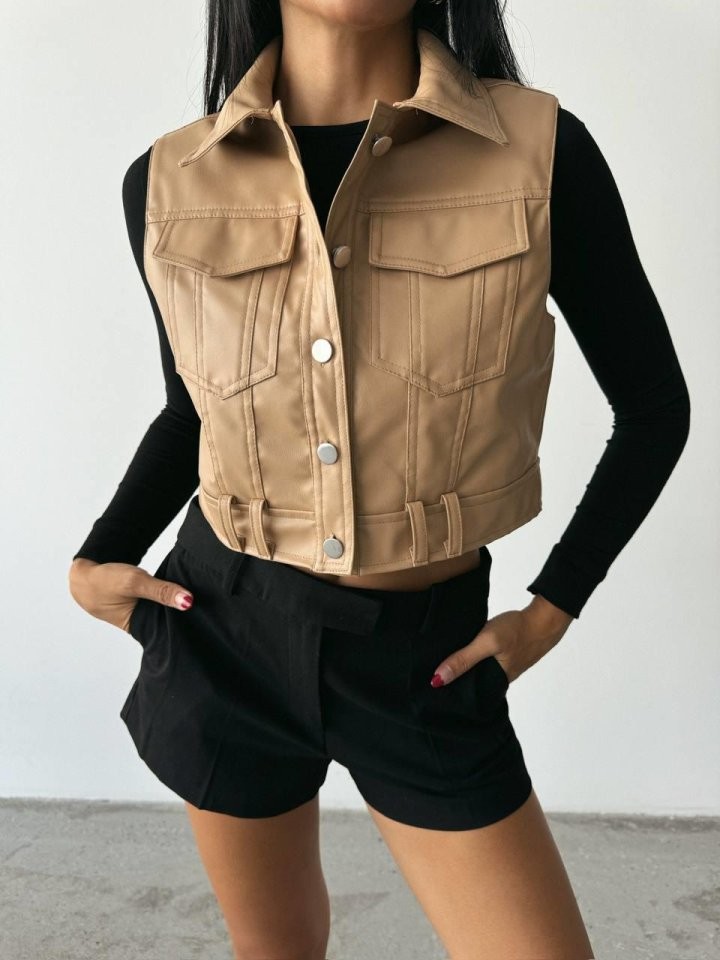 DERİ CROP YELEK - Bej