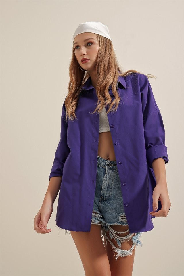 3900 Oversize Uzun Basic Gömlek - Mor