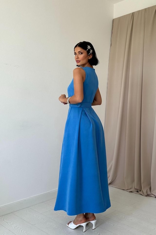 Mavi Halter Yaka Kloş Elbise