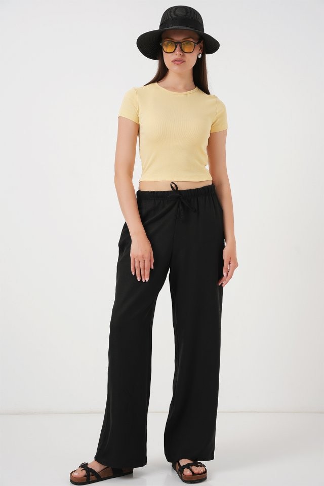 Geniş Paça Keten Pantolon 6735 - Siyah