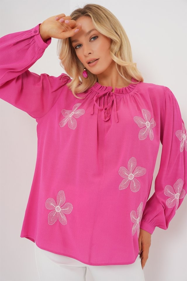 Uzun Kol Nakışlı Örme Bluz 951 - Pembe