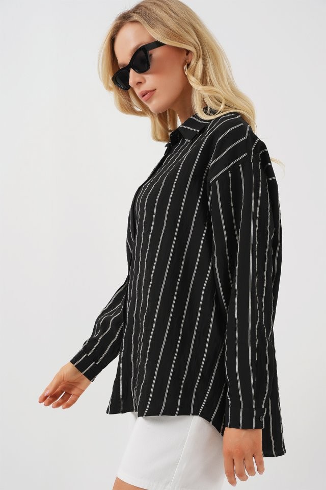 3900 Oversize Uzun Basic Gömlek - C. Siyah