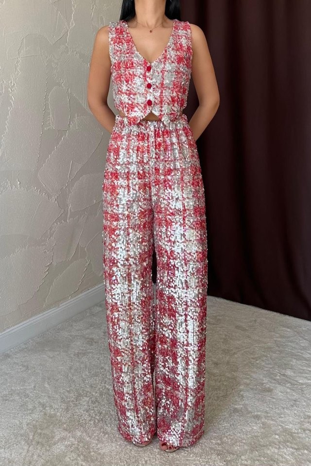 Kırmızı Pullu Yelek Ve Pantolon Takım