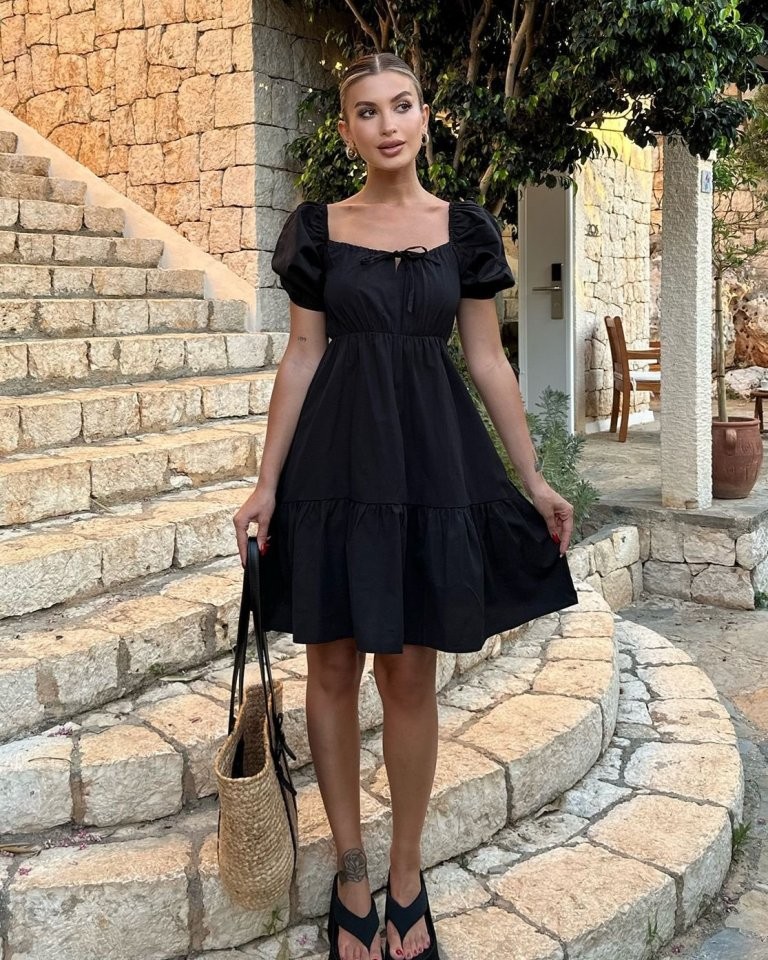 2351 Kloş Poplin Elbise - Siyah