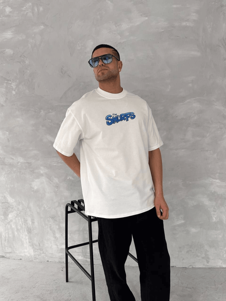 Ön Ve Arka Baskılı Oversize Bisiklet Yaka T-shirt- Beyaz