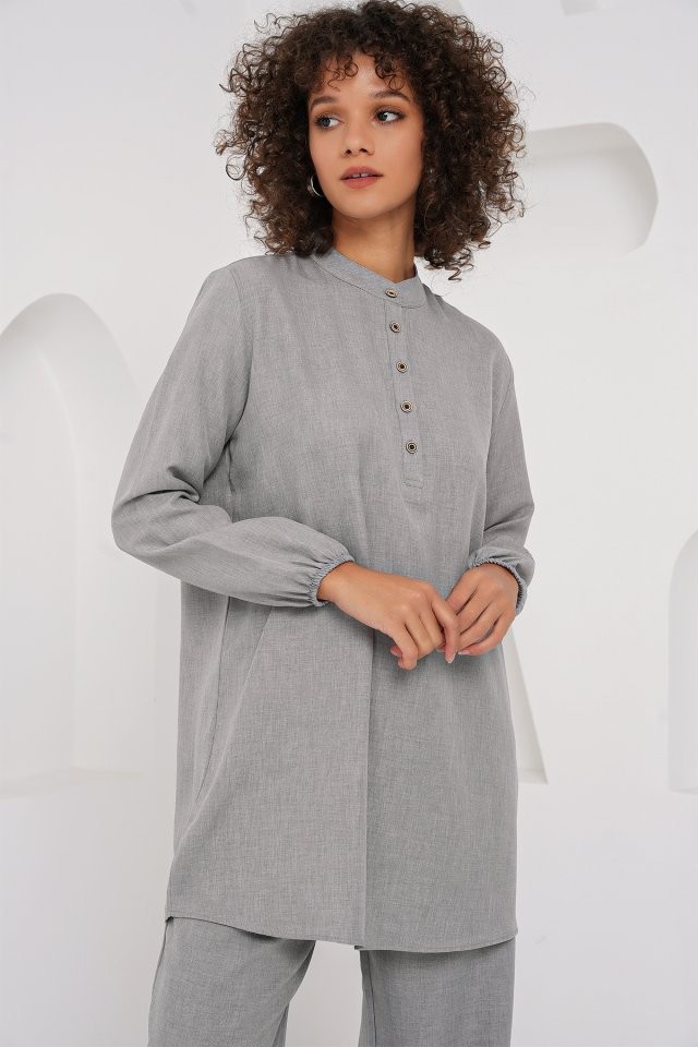 6678 Keten Tunik Pantolon İkili Takım - Gri