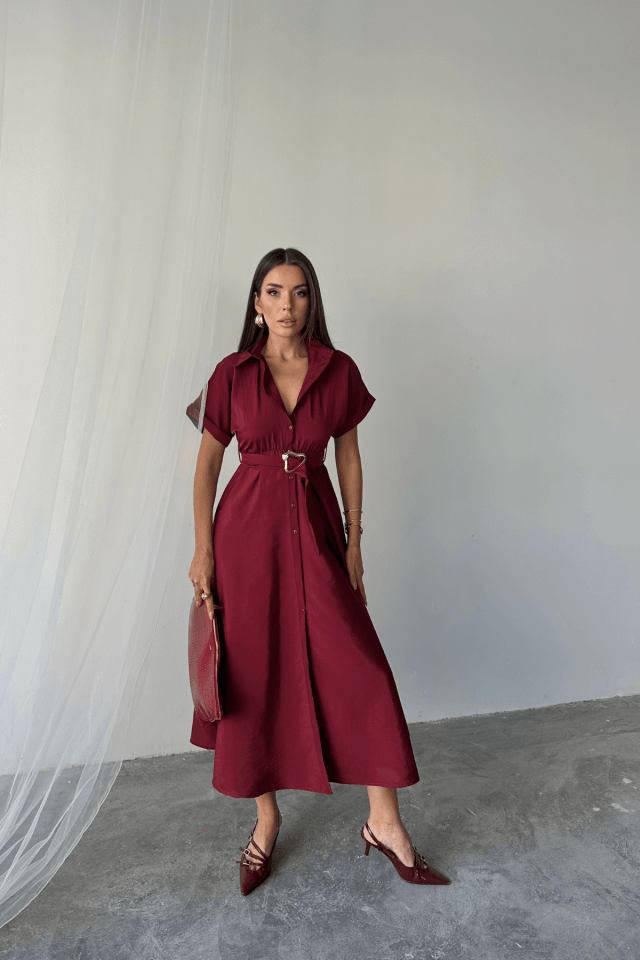 ÖNDEN DÜĞMELİ CRUSHLI MODAL ELBİSE - Bordo