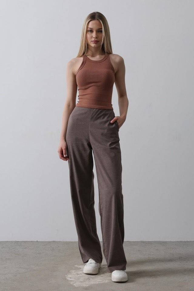Beli Yarım Lastikli Palazzo Pantolon - Camel