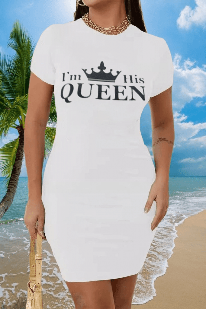 Kadın Kısa Kollu Queen Baskı Iki Iplik Mini Elbise