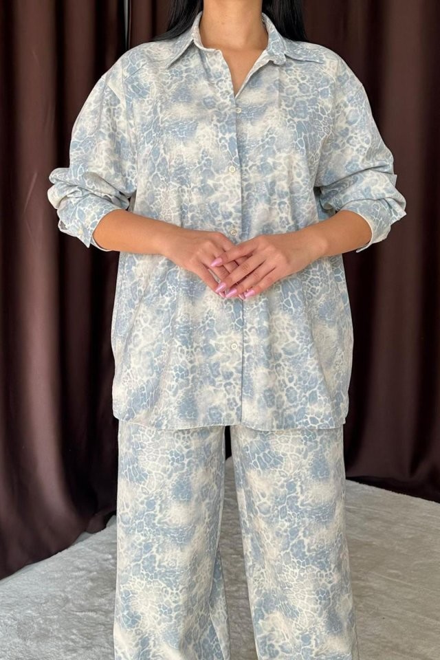 Mavi Leopar Desenli Ceket Ve Pantolon Keten Takım