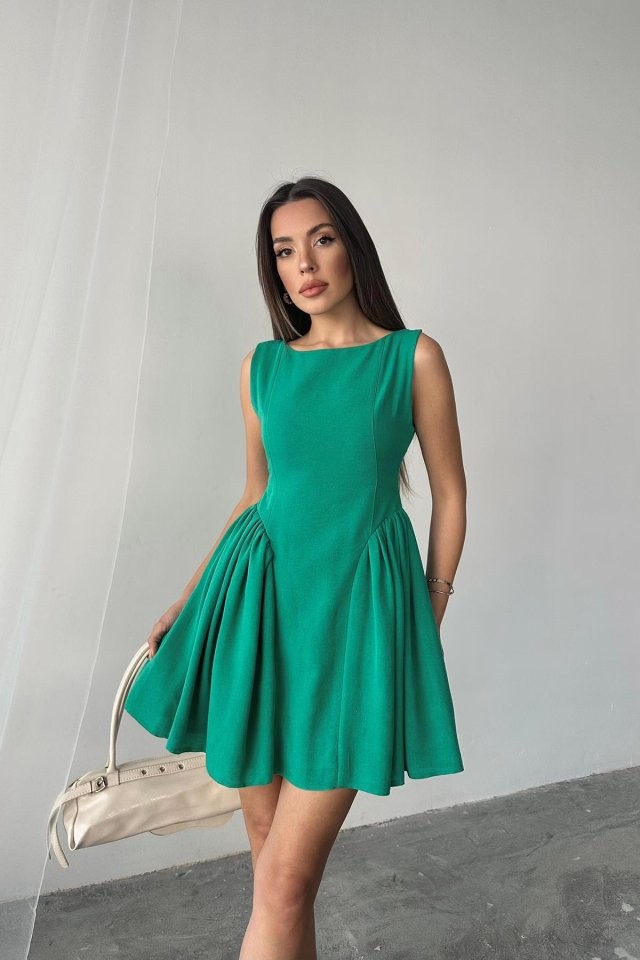 Yeşil Mini Boy Büzgülü Keten Elbise