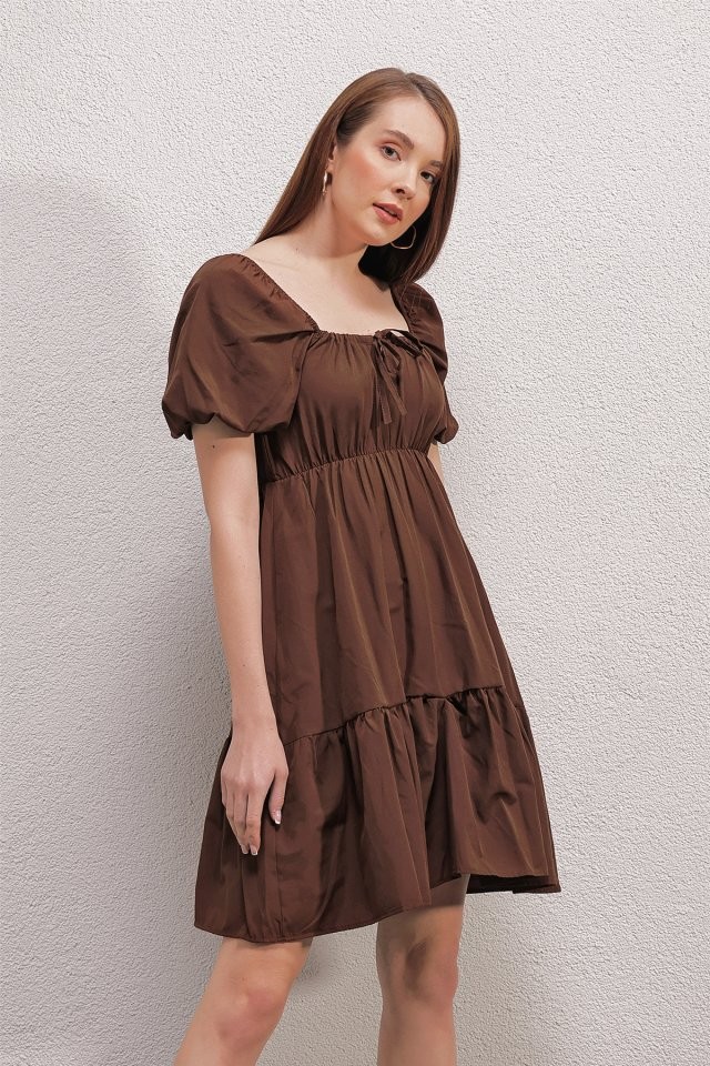2351 Kloş Poplin Elbise - Kahverengi