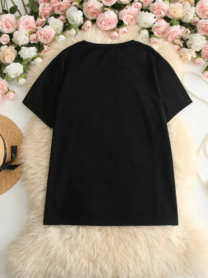 Baskılı Oversize Bisiklet Yaka T-shirt - Siyah