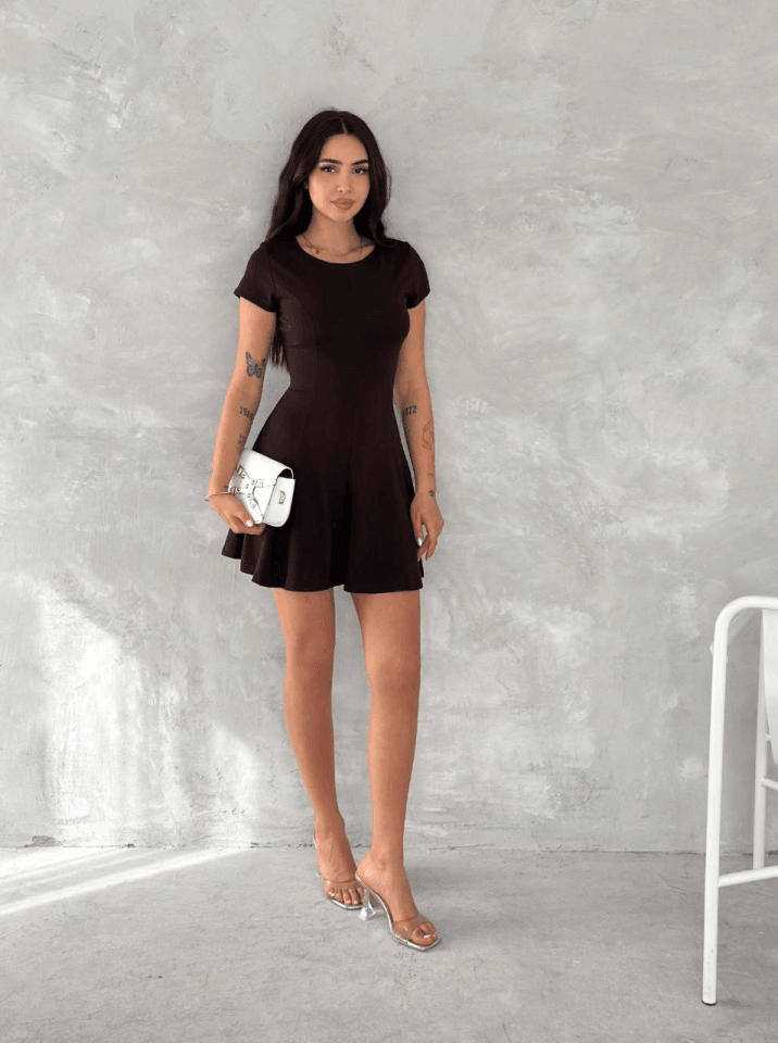Kısa Kollu Mini Elbise - Füme