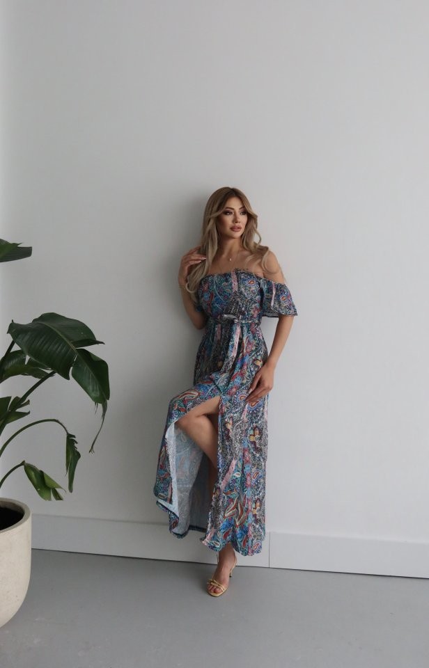 Kadın Kısa Kollu Madonna Yaka Fırfırlı Belden Yırtmaçlı Maksi Süprem Elbise