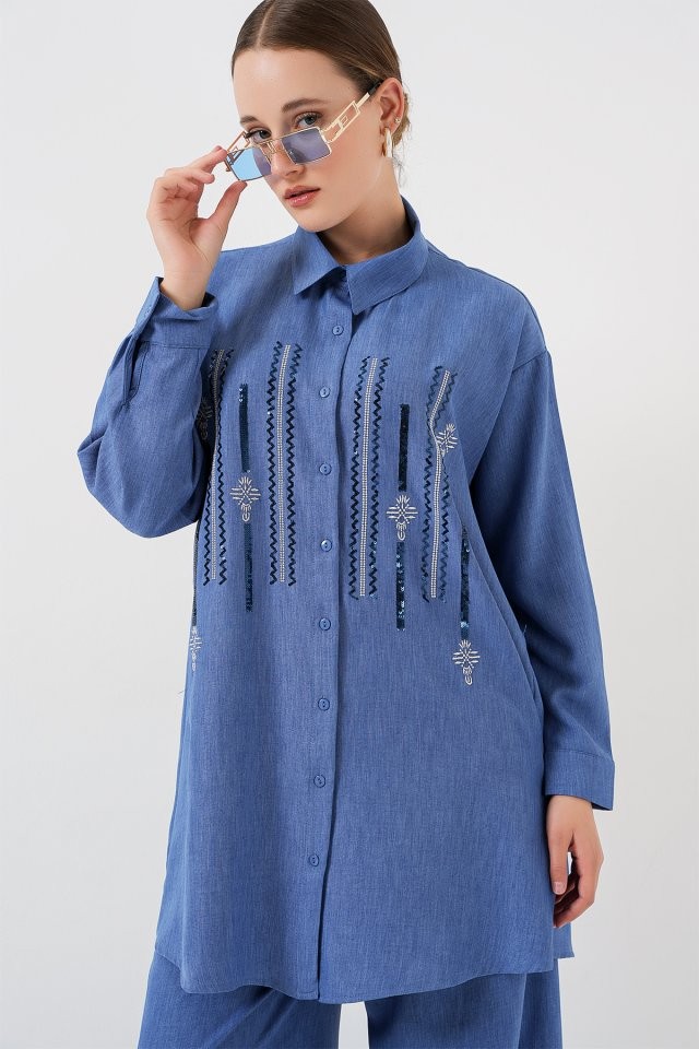 Desenli Tunik Pantolon İkili Takım 6720 - İndigo
