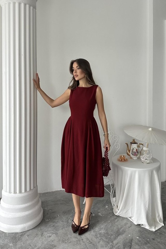 Bordo Yanları Büzgülü Midi Boy Keten Elbise