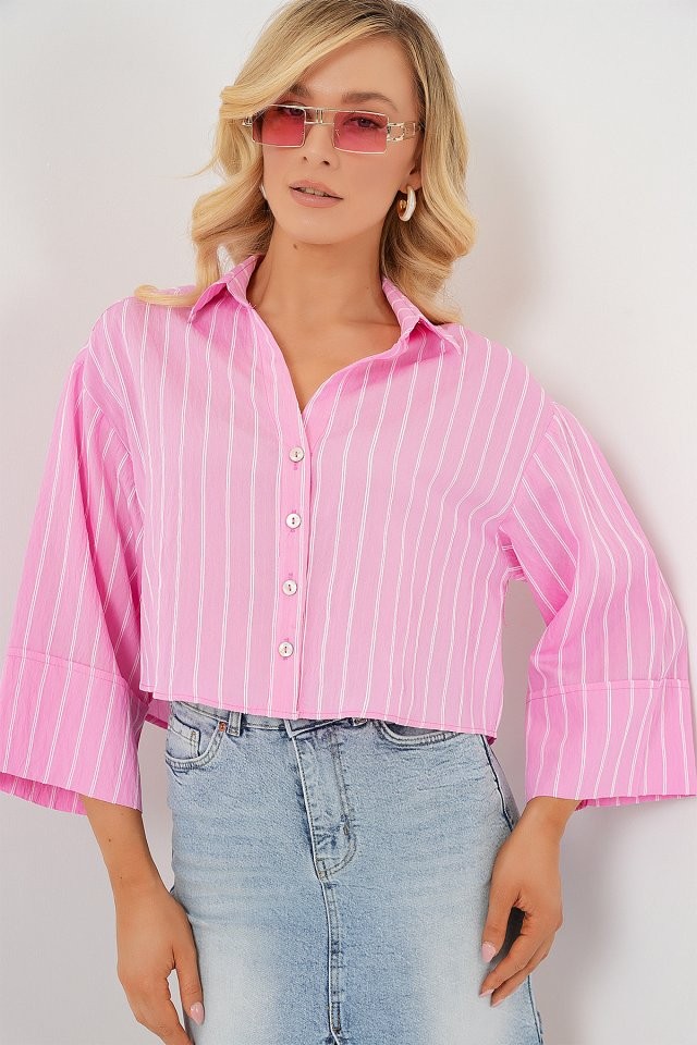 Çizgili Oversize Kısa Gömlek 20326 - Pembe