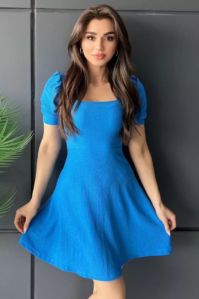 İndigo Kare Yaka Örme Mini Elbise