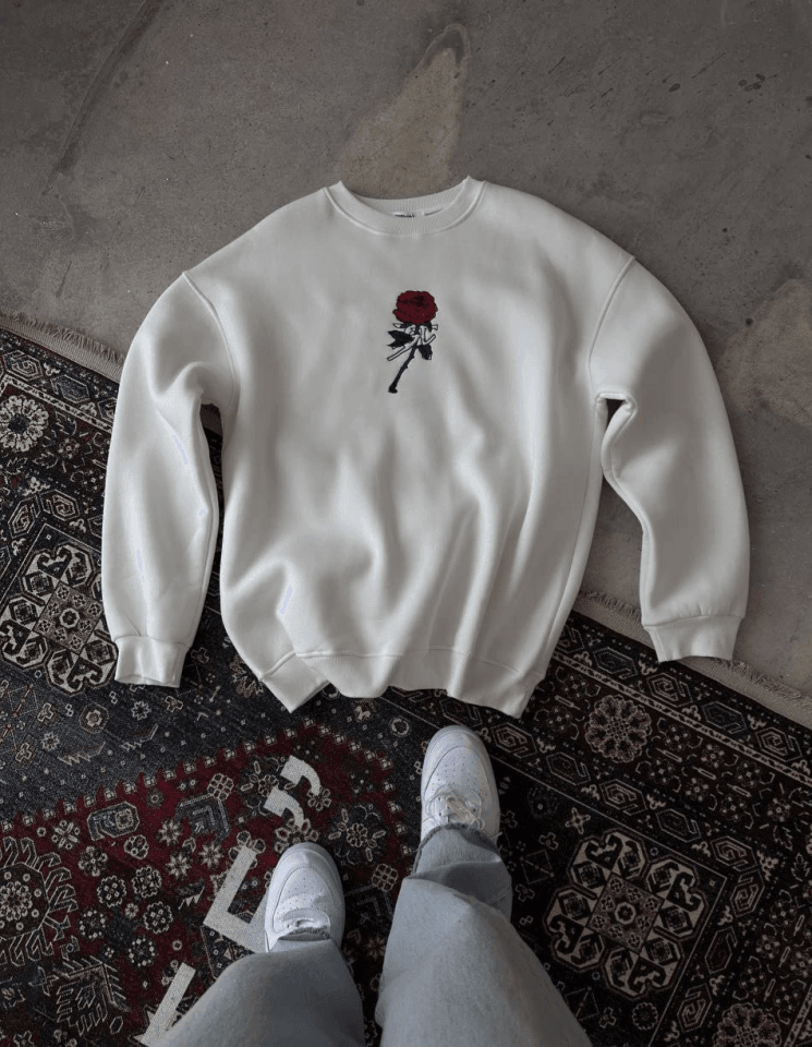 Unisex Bisiklet Yaka Ön Ve Arka Baskılı SweatShirt - Beyaz