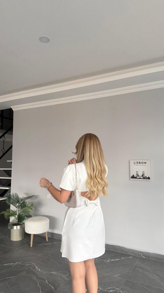 Kadın Atlas Kumaş Iç Astarlı Gizli Fermuarlı Inci Düğme Detaylı Mini Elbise