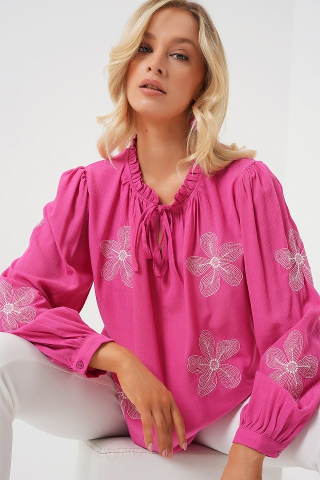 Uzun Kol Nakışlı Örme Bluz 951 - Pembe