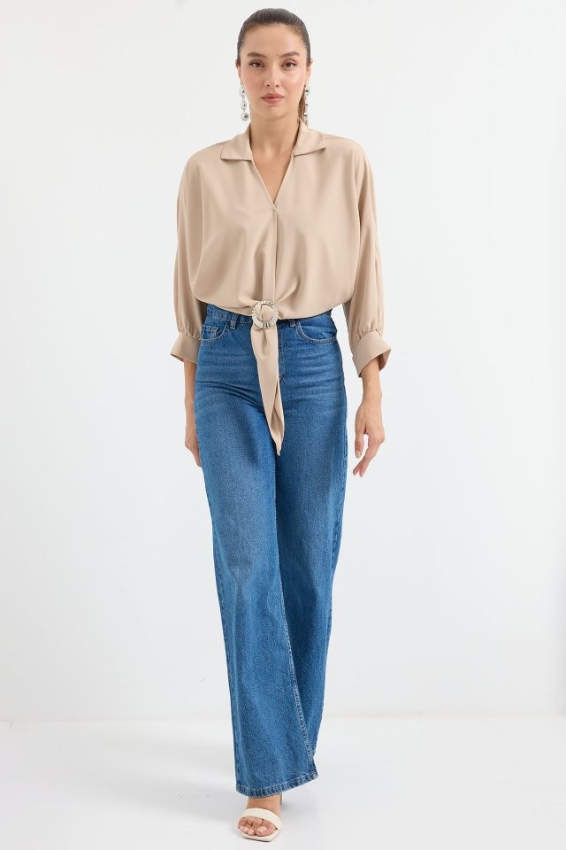 905 Oversize Dökümlü Bluz - Bej