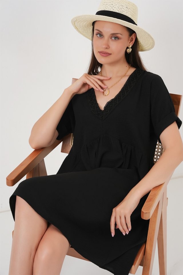 V Yaka Kısa Kol Elbise 2567 - Siyah