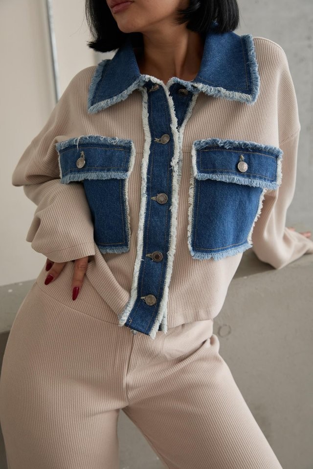 Bej Denim Garnili Gömlek Ve Pantolon Takım
