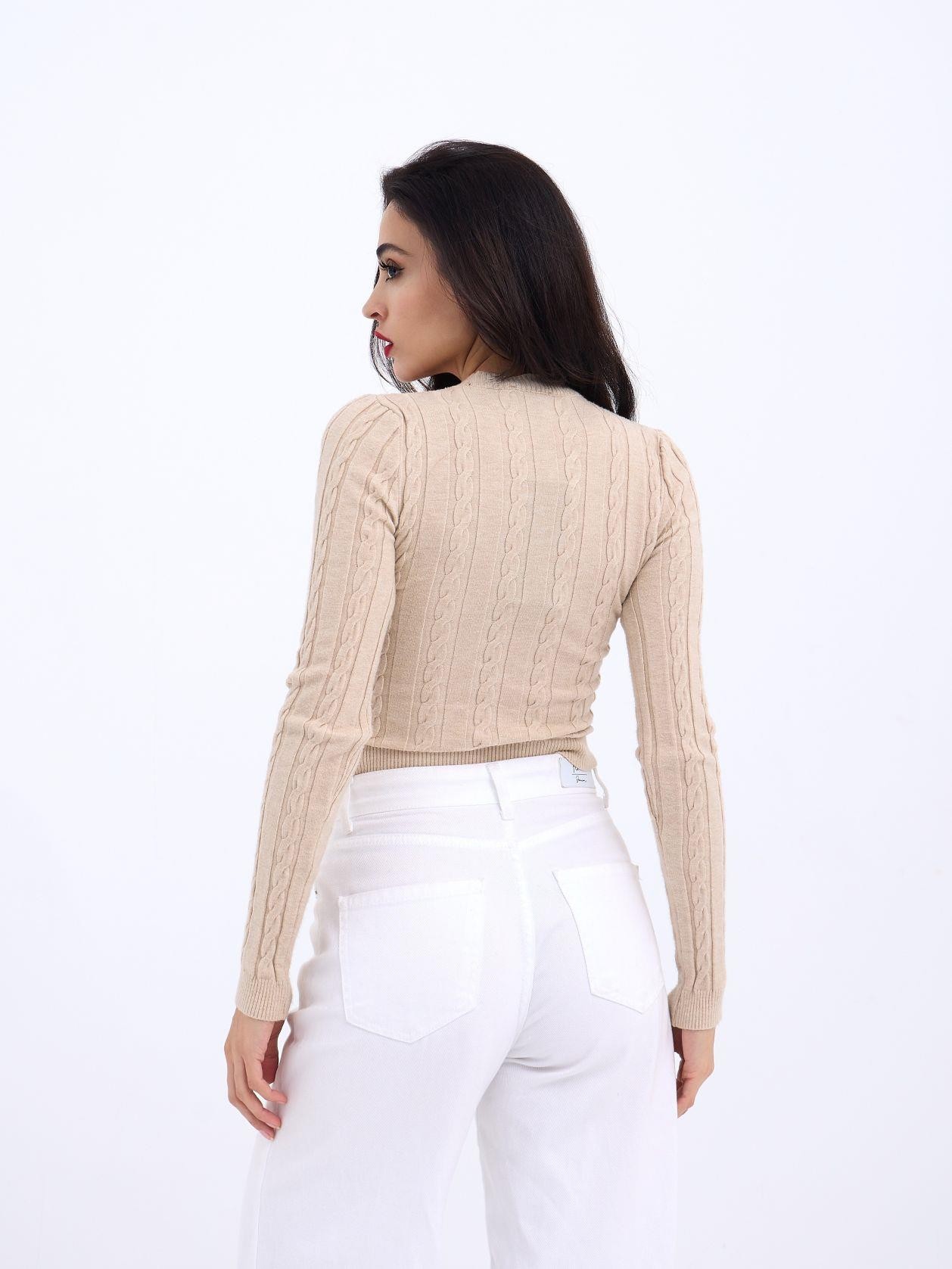 42491 TRİKO SAÇ ÖRGÜ CROP KAZAK-VİZON