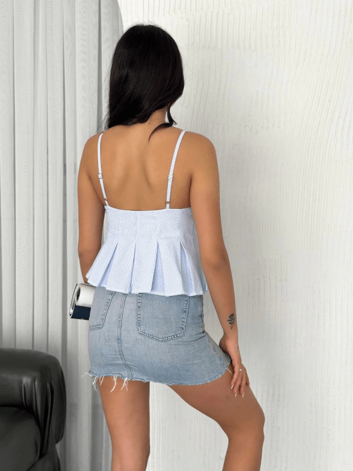 Askılı Dekolte Deraylı Crop - Açık Mavi