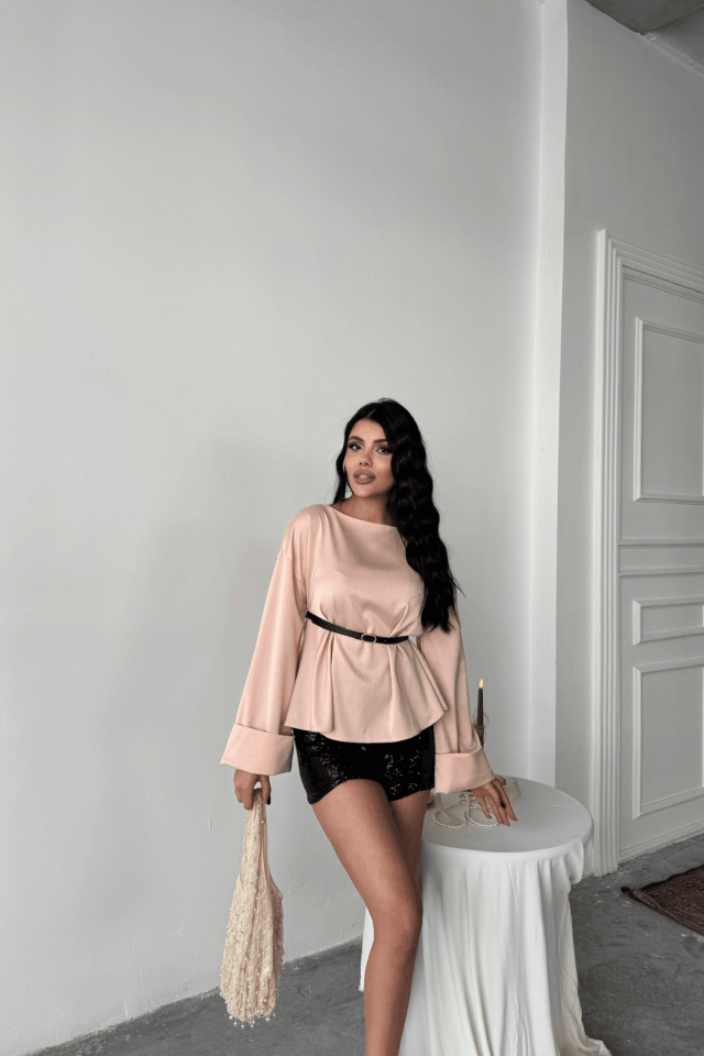 KEMER DETAYLI SATEN BLUZ - Pembe