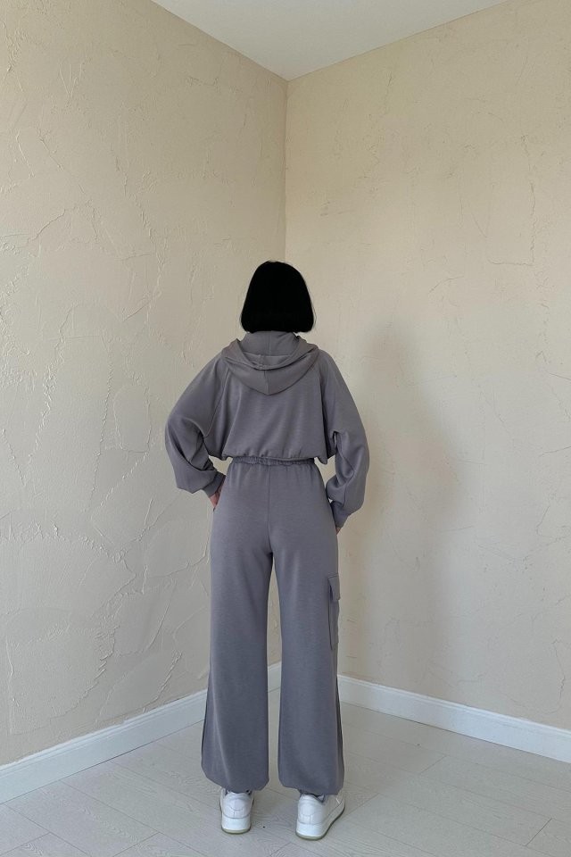 Füme Kapüşonlu Sweatshirt Ve Kargo Pantolon Takım