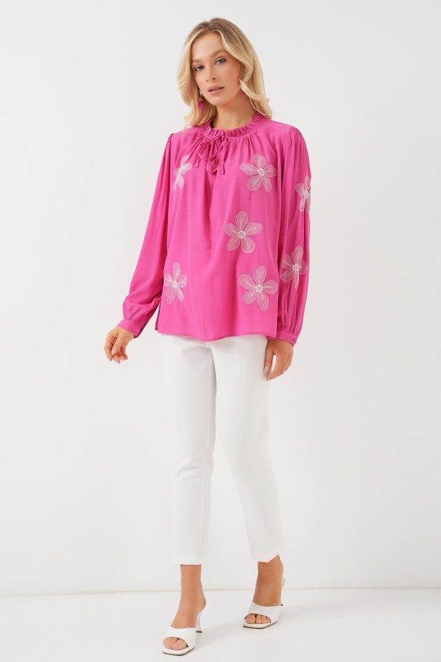 Uzun Kol Nakışlı Örme Bluz 951 - Pembe