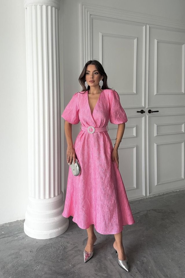 Pembe Işıltılı Kemerli Kruvaze Elbise
