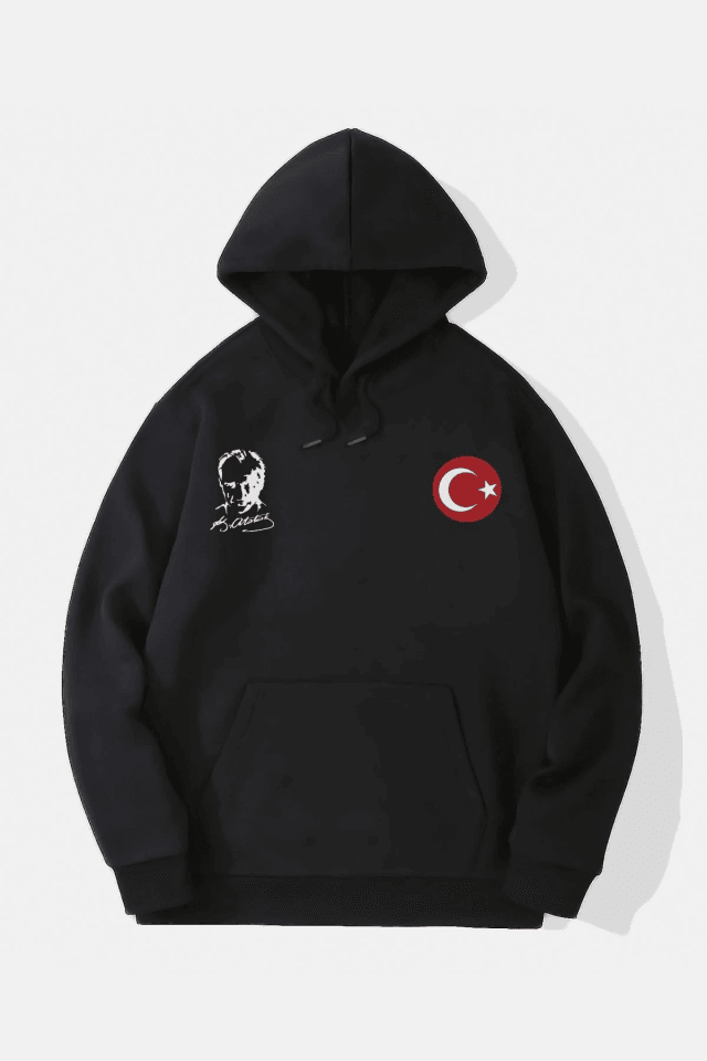 10 Kasıma Özel Üç İplik Kapşonlu Baskılı SweatShirt - Siyah