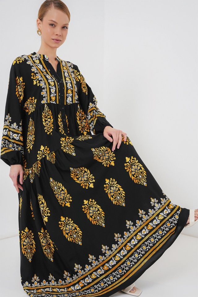 2423 Otantik Desenli Tesettür Elbise - Siyah 6